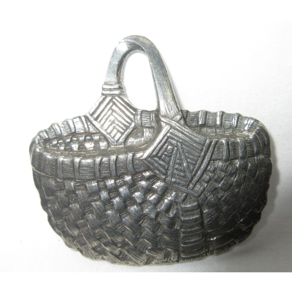 VTG DANFORTH PEWTER Woven Picnic Basket Brooch Pin Cottage Core 1990 signed